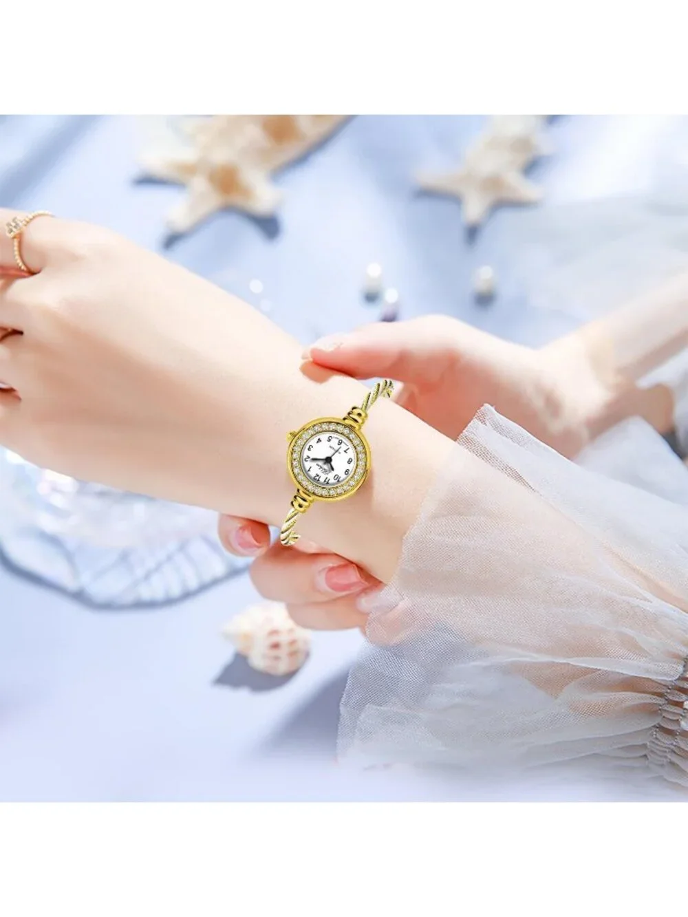 Women's Gold And White Analog Cable Cuff Arabic Number Rhinestone Bracelet Watch